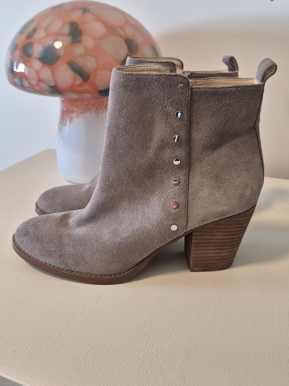 Nine West Taupe Suede Ankle Booties with Stacked Heel